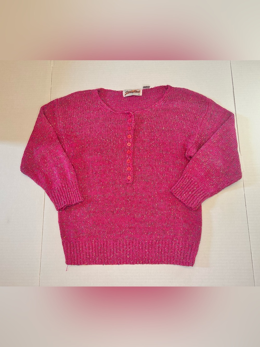 VTG 80s Lightweight Loose Knit Sweater Top Fuchsia Confetti Speckle Silk Large